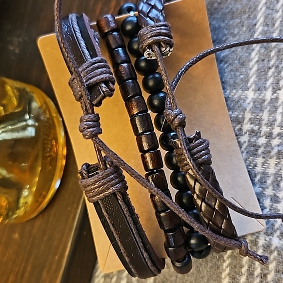 Leather and Cord and Wooden Bead Stacked Bracelets Unisex - Picture 3 of 3